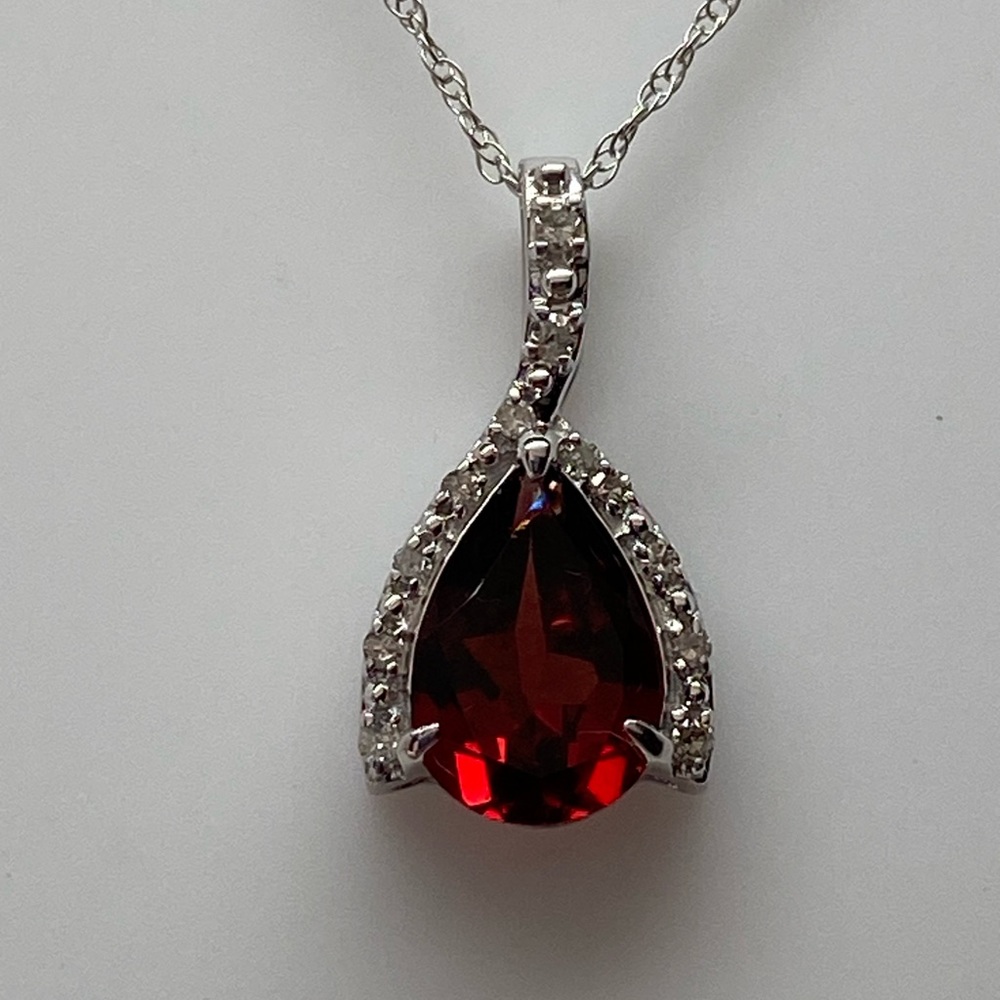 10K White Gold Pear Shape Garnet and Diamond Wishbone Pendant with Chain New